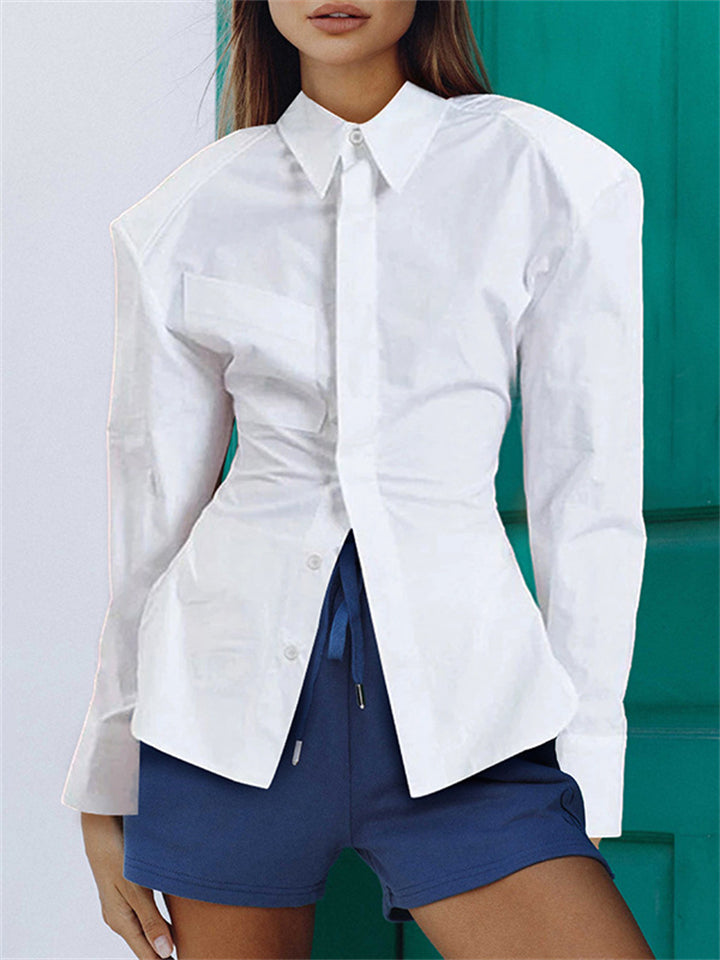 Women's French Style Sexy Backless Cinched Blouse with Shoulder Pad