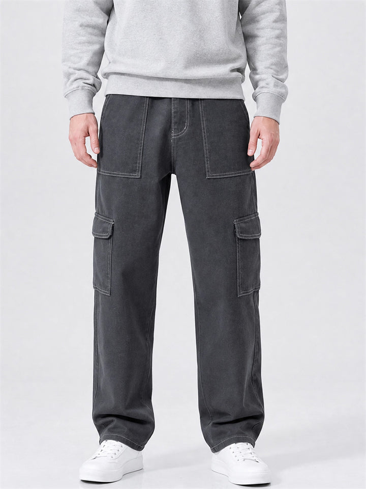 Mens Contrast Stitch Baggy Wide Leg Cargo Pants with Pockets