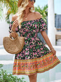 Bohemian Off Shoulder Puff Sleeve Print Beach Dress for Lady