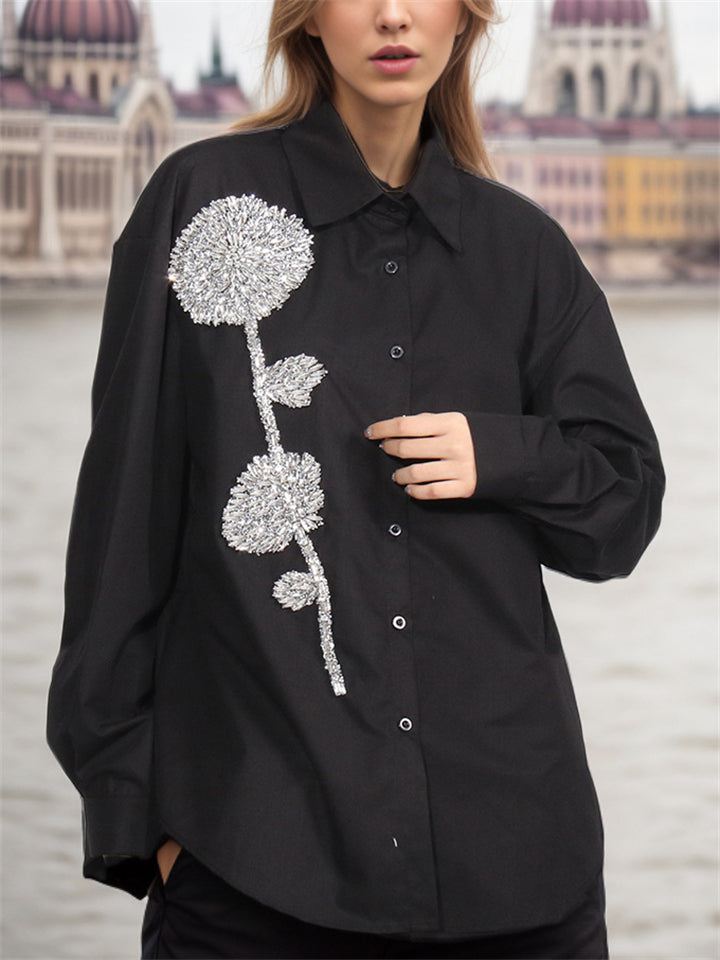 Solid Color Loose 3D Flower Button Up Lapel Long Sleeve Women Blouses