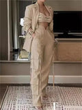 Women's 2Pcs Casual Solid Color Cardigan Lapel Top & Multi Pockets Pants Set