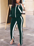 Women's Autumn Contrast Color Stripe Fitted Off Shoulder Sports Tracksuit