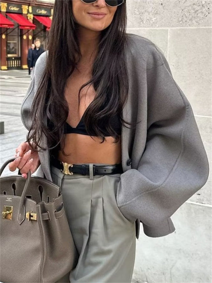 Women's Trendy Solid Color V Neck Single Breasted Coat