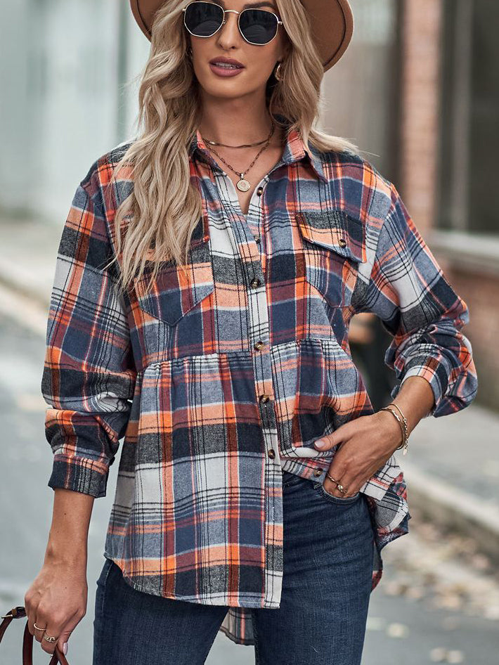 Women's Casual Contrast Color Plaid Lapel Long Sleeve Blouses