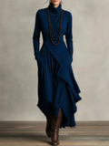 Women's Elegant Casual Long Sleeve High Neck Asymmetric Maxi Dress
