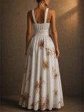Womens White Floral Print Chiffon Halter Backless Summer Maxi Dress