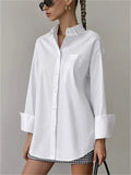 Women's Simple White Loose Fit Cotton Blend Blouses Casual Office Top
