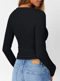 Women's Solid Color Striped Buttons Pullover Slim-fit Long Sleeve Shirts