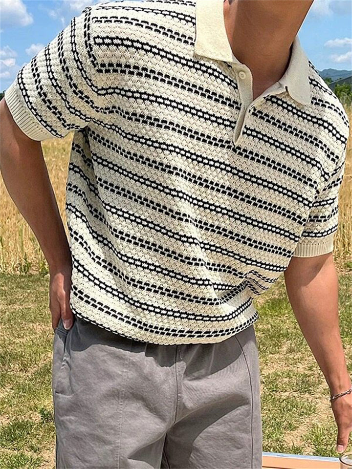 Men's Korean Style Retro Stripe Lapel Short Sleeve Polo Shirts