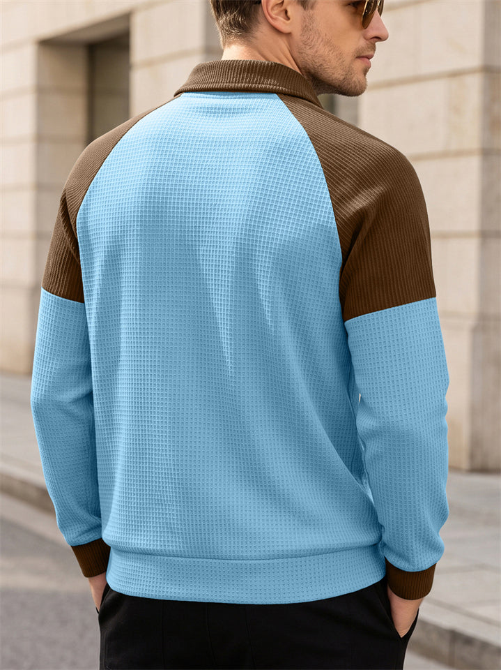 Men Waffle Knit Polo Shirt Zip Up Color Block Long Sleeve Top