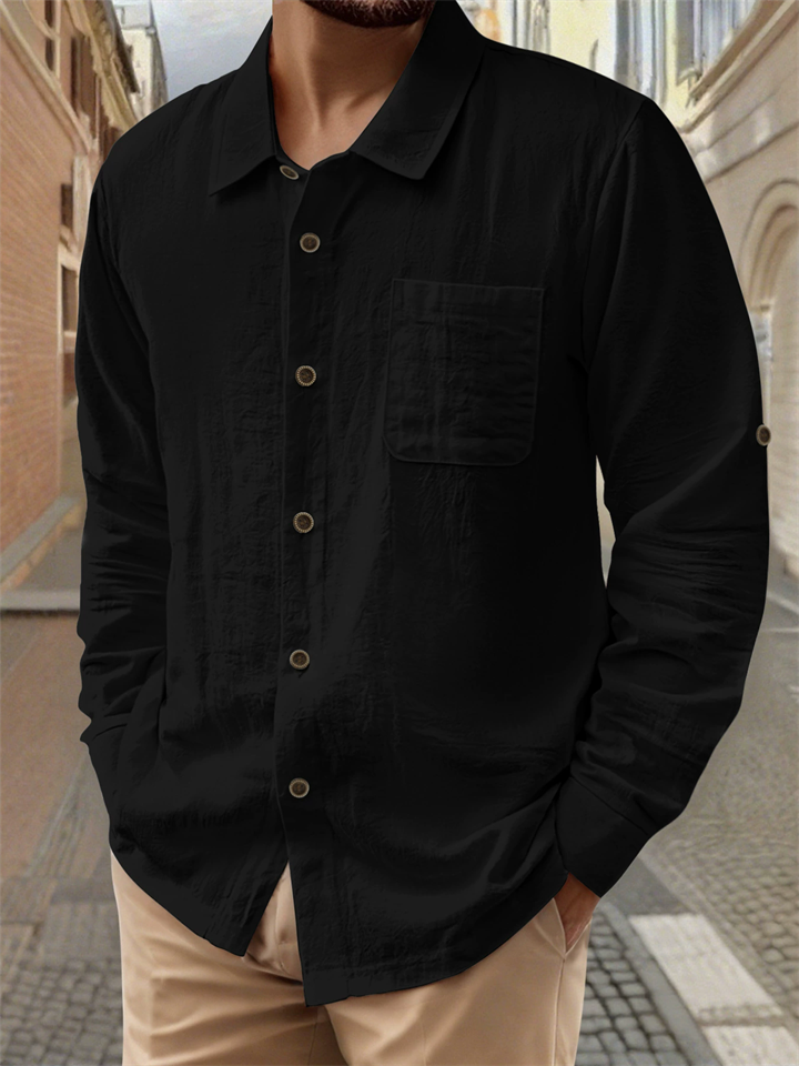 Men's Simple Holiday Style Long Sleeve Shirt with Pocket