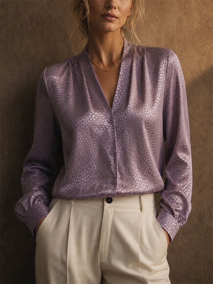 Womens Purple Satin V Neck Button Down Leopard Print Blouses