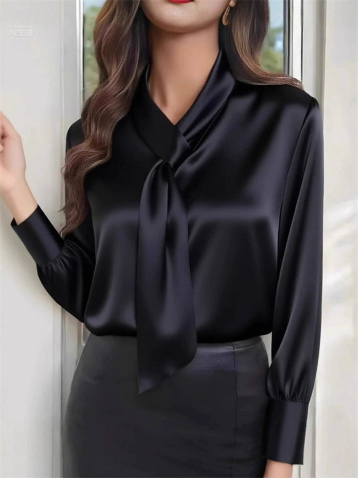 Ladies' Elegant Solid Color Lace Up Long Sleeve Blouses