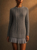 Women Soft Cable Knit Mini Sweater Dress With Pleated Hem