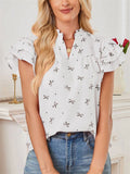 Women's Summer Bowtie Print V neck Lotus Sleeve Chiffon Shirts