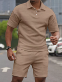 Men's Summer Lapel Waffle Weave Polo Shirt and Shorts Tracksuit