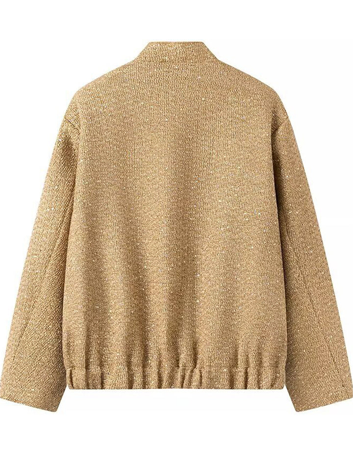 Women's Bling Solid Color Pockets Stand Collar Long Sleeve Coat