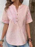 Women's Casual Stripe Patchwork V Neck Short Sleeve T-Shirt