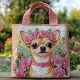 Women's Chihuahua Pink Rose Floral Quilted Tote Bag
