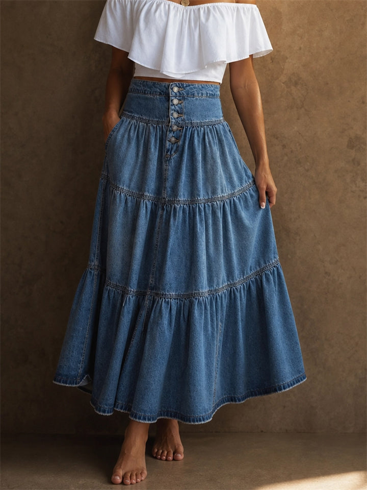 Women High Waist Boho Button Front Tiered Denim Maxi Skirt