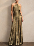 Women Metallic Pleated Halter Backless Slit Maxi Dress