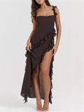 Summer Sexy Ladies High Split Backless Ruffle Mesh Dress