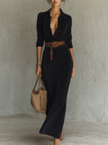 ‌Women's Vintage Sexy Buttons Lapel Velvet Dress‌ with Belt