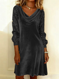 Autumn Women's Velvet Long Sleeve Sequins Patchwork Cowl Neck Shift Dress