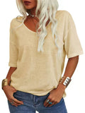 Women's Casual Simple Candy Color V Neck Short Sleeve Shirts