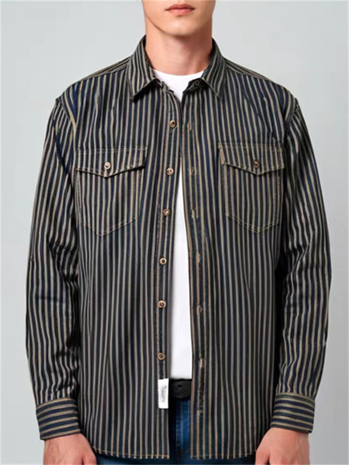 Men's Retro Cotton Long Sleeve Stripe Lapel Cargo Shirts