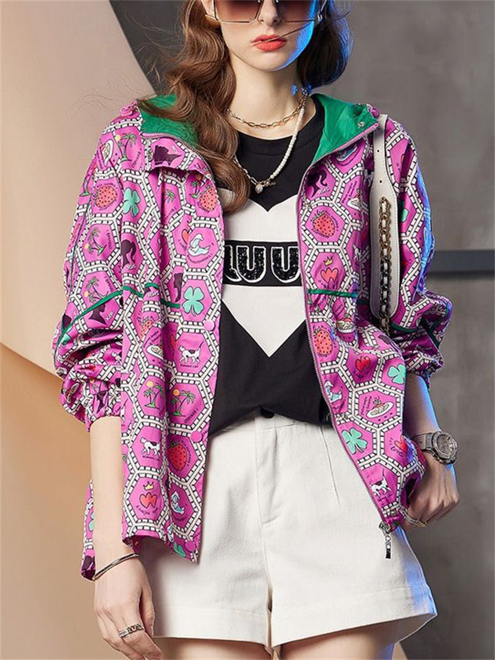 Autumn Floral Print Colorblock Hooded Jacket for Women