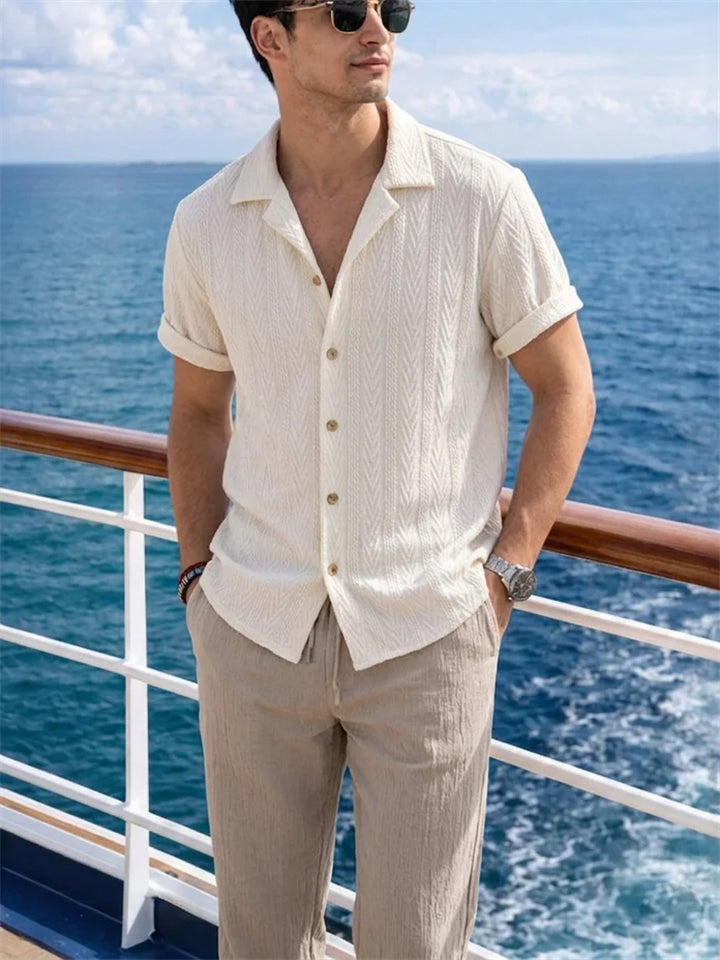 Mens Casual Summer Outfit Textured Shirt and Drawstring Pants Beach Set