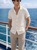 Mens Casual Summer Outfit Textured Shirt and Drawstring Pants Beach Set