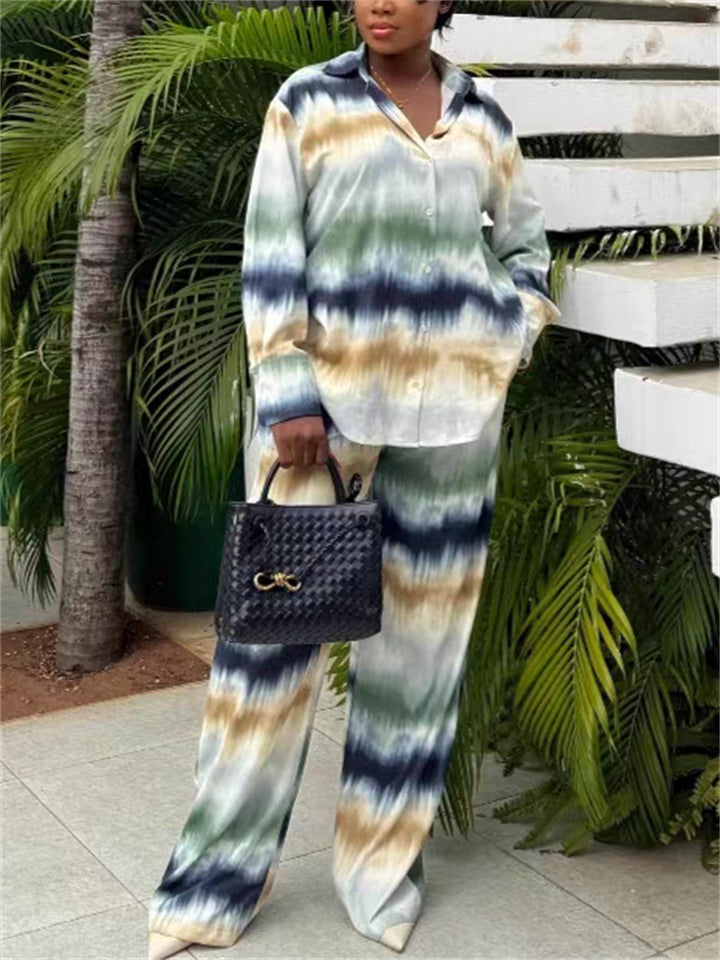 Women's 2Pcs Tie-dye Contrast Color V Neck Shirt & Pants Set