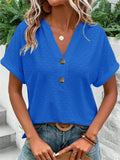 Women's Casual Solid Color Jacquard Button V-neck Pullover T-shirts