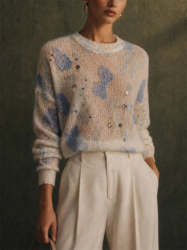 Women Butterfly Graphic Rhinestone Beaded Crewneck Sweater