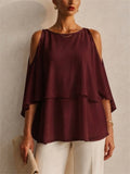 Womens Cold Shoulder Chiffon Top Layered Summer Blouse