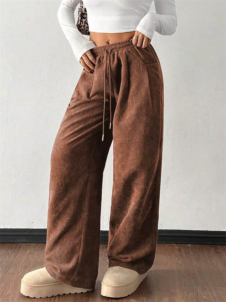 Women's Drawstring Loose Fit High Waist Corduroy Wide Leg Pants