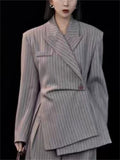 Women's Gray Long Sleeve Stripe Asymmetric Hem Suit Blazer