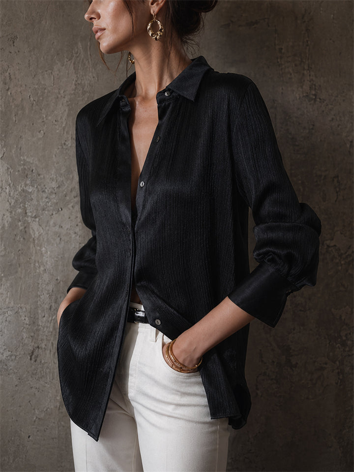 Women Chic Textured Satin Long Sleeve Button Down Shirts