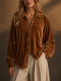 Women Velvet Oversized Button Down Long Sleeve Shirts