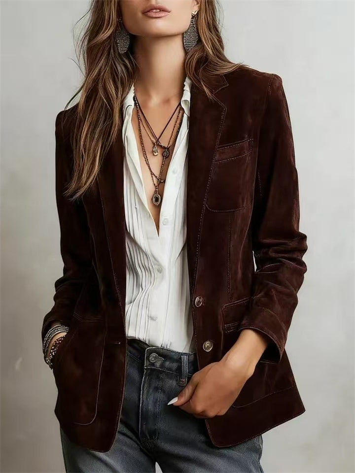 ‌Womens Vintage Suede Blazer with Pockets and Button Closure‌