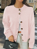 Ladies' Casual Simple Round Neck Button Long-sleeved Sweaters