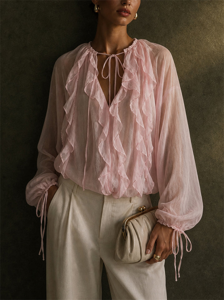 Womens Elegant Sheer Ruffle Tie V Neck Puff Sleeve Blouse