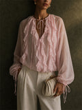 Womens Elegant Sheer Ruffle Tie V Neck Puff Sleeve Blouse