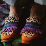Women's Spring PU Leather Fringe Leopard Print Square Toe Flats Loafers