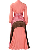 Women's Long Sleeve Tie Neck Pleated Maxi Dress With Belt