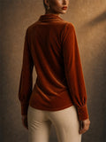 Women Elegant Velvet Cowl Neck Long Lantern Sleeve Blouse