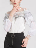 Elegant Female Polka Dot See-Through Neck Lace Patchwork Shirt