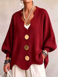 Women Oversized V Neck Knit Cardigan Gold Button Batwing Sweater